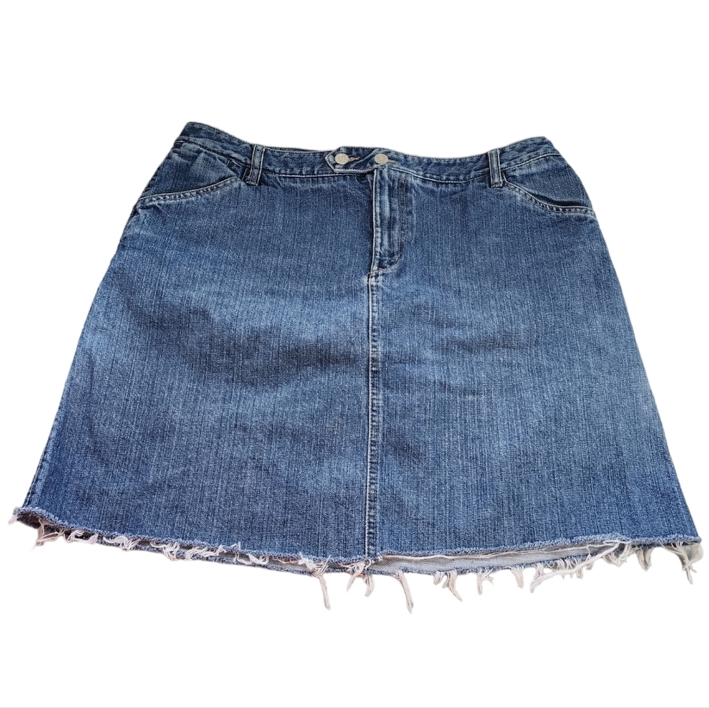 Eddie Bauer Blue Denim Cotton Four Pocket Distressed Hem Women's Skirt Size 16